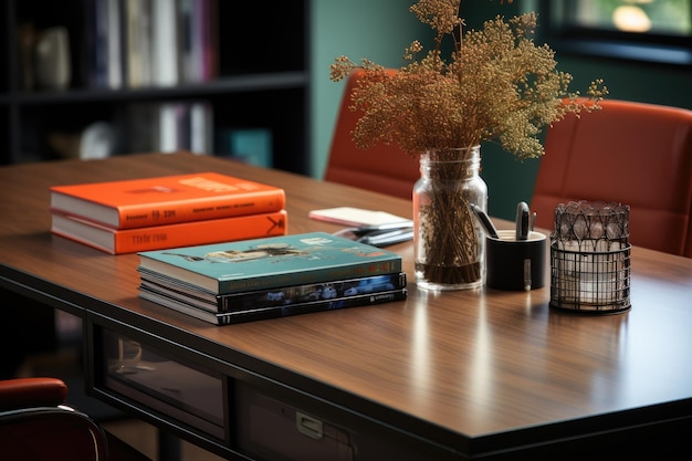 Close Up of a minimalist office desk with book and supplies