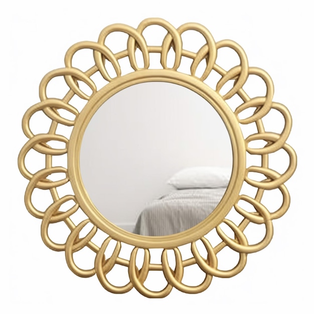 a close up of a mirror with a gold frame and a bed generative ai