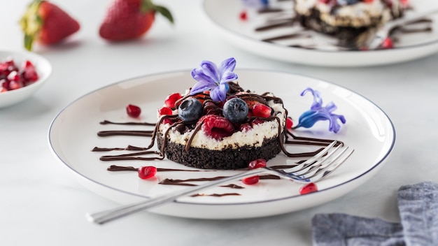 Photo close up of a mixed berry cheesecake drizzled with chocolate ready for eating