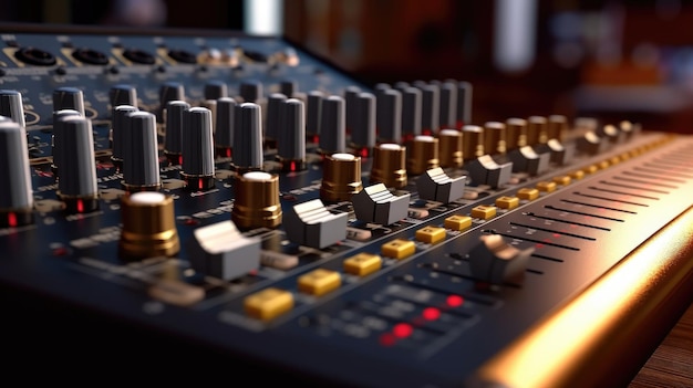 A close up of a mixing board with the word music on it