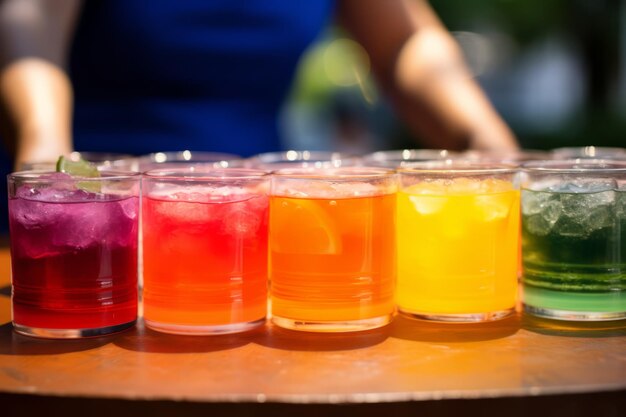 Photo a close up of a mixologist creatively layering various fruit juices and rum