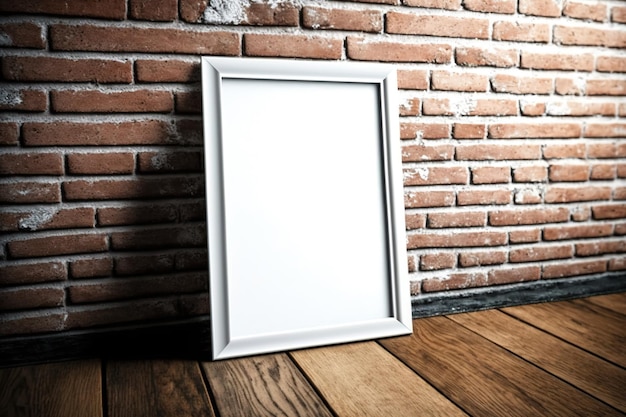 A close up of a mock up poster frame is shown next to an old brick wall on a wooden floor