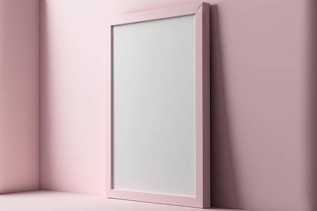 Close up of a mock up poster frame on a wall painted a soft pink tone