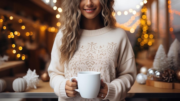 편안한 스웨터를 입고 여성이 손에 들고 있는 흰색 커피 컵의 흉내낸 사진을 클로즈업하세요
