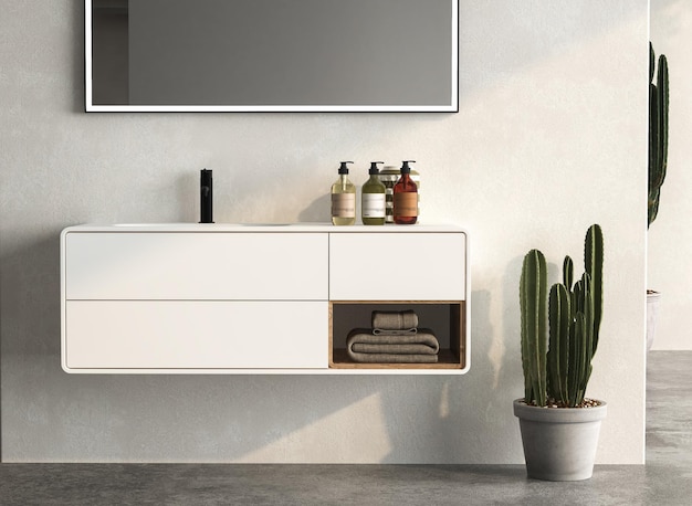 Close up of modern bathroom cabinet with accessories, concrete floor and comfortable basin .