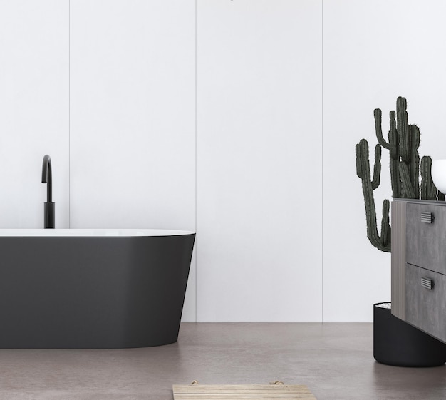 Close up of modern black-white bathtub with modern black tap and beige wall in the background.