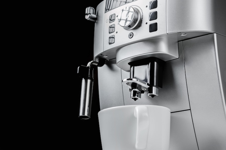 Photo close up of modern coffee machine and white cup at black background