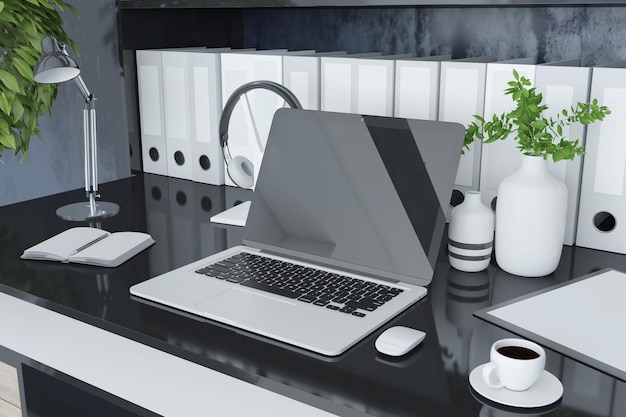 Close up of modern designer desk top with folders bookcase empty laptop screen coffee cup decorative plant and other items Mock up 3D Rendering
