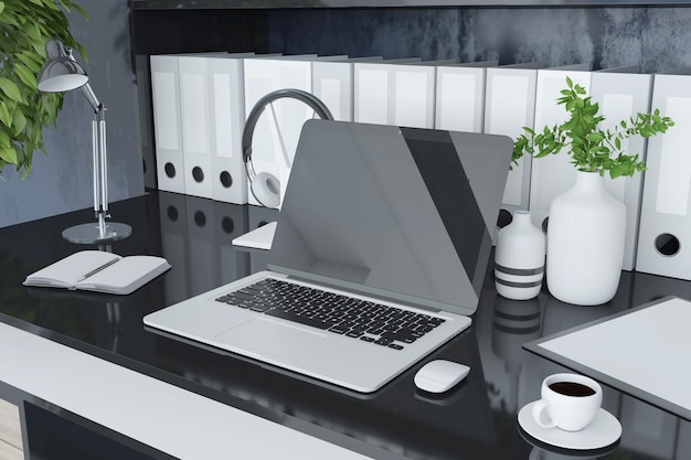 Close up of modern designer desk top with folders bookcase
empty laptop screen coffee cup decorative plant and other items
mock up 3d rendering