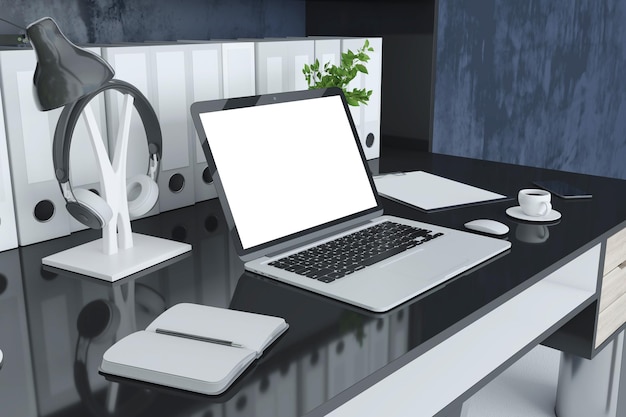 Close up of modern designer workspace with folders bookcase\
empty laptop screen coffee cup decorative plant and other items\
mock up 3d rendering