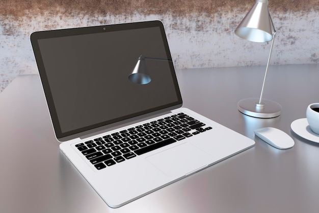 Close up of modern grunge style desktop workspace with empty
mock up laptop with lamp reflections screen 3d rendering