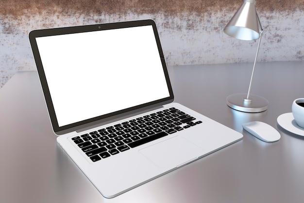 Close up of modern grunge style workplace with blank white mock\
up laptop screen on desktop 3d rendering