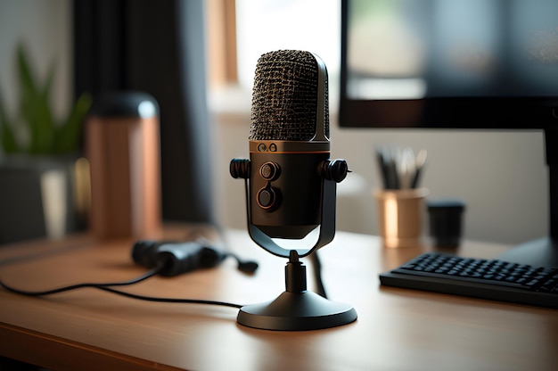 Close up of modern home studio podcast gadget interior Microphone and laptop for on air live streaming on the table Generative Ai