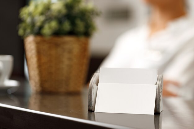 Photo close up of modern hotel reception counter desk