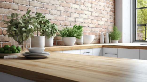 Close up of modern white kitchen counter on brick wall