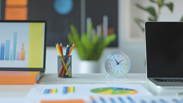 Photo close up of modern workplace with empty laptop colorful diagram on paper and clock m generative ai