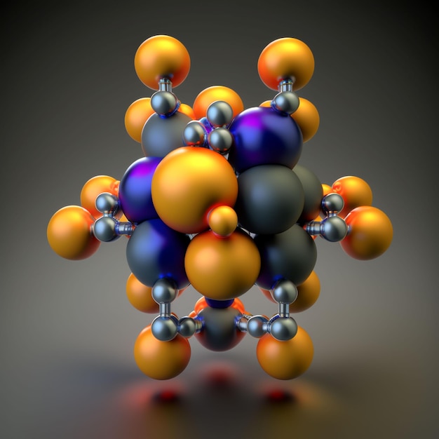 A close up of a molecular structure with orange, blue, and purple colors.