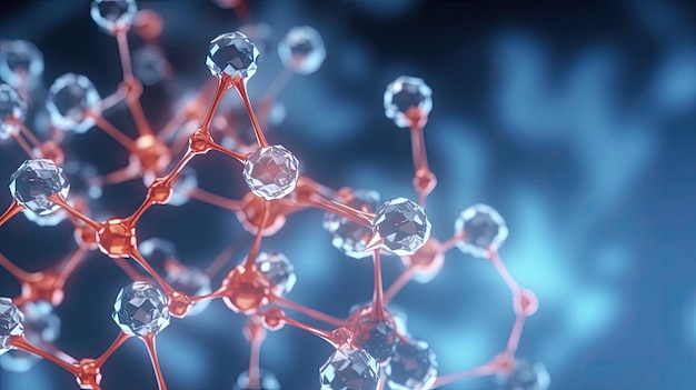 A close up of a molecular structure with red and blue background.