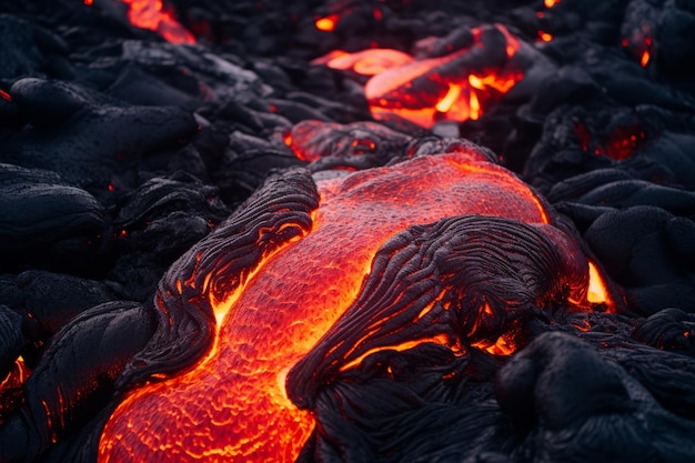 Close up of molten magma lava flowing from an active volcano