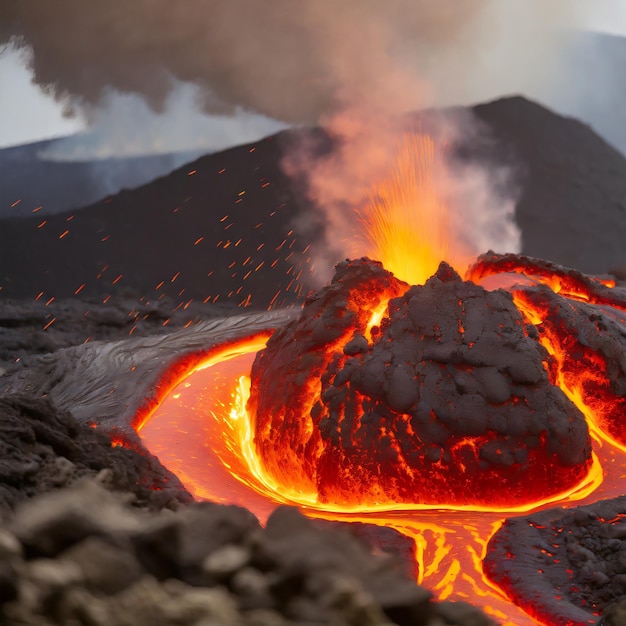 Foto vicino alla lava magmatica fusa che scorre da un vulcano attivo