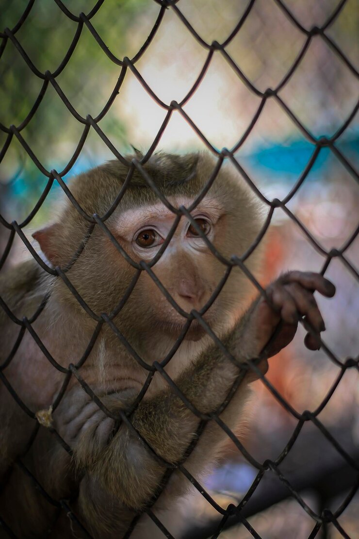 Photo close-up of a monkey on chainlink fence at zoo