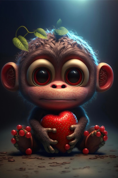 Close up of a monkey holding a strawberry generative ai