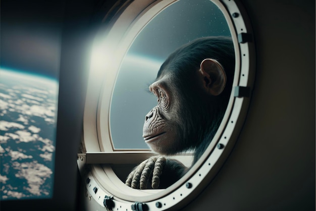 Close up of a monkey looking out of a window