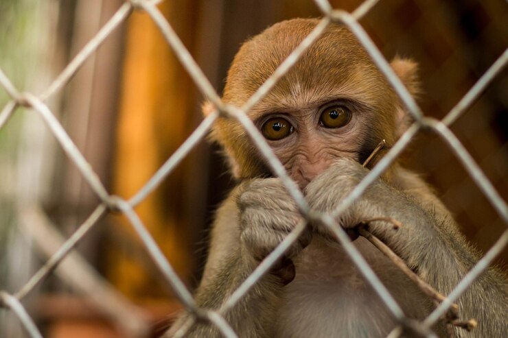 Photo close-up of monkey looking through cage
