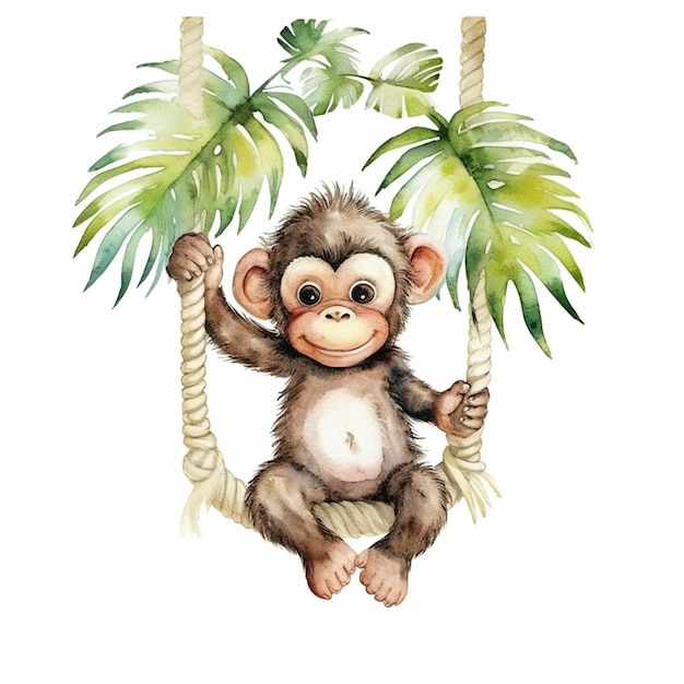 a close up of a monkey on a rope with a palm tree generative ai