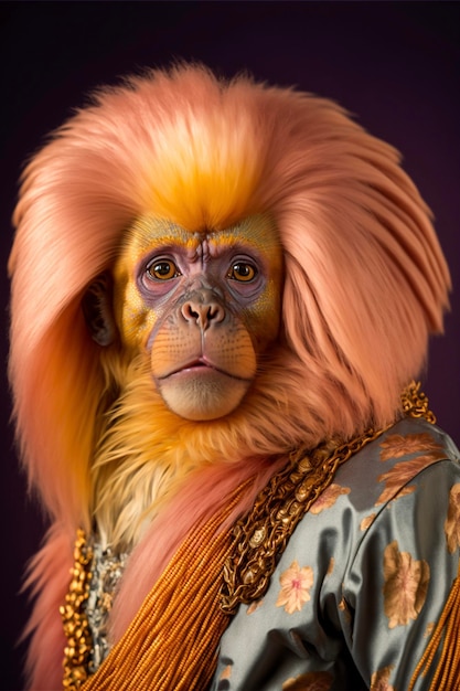 Close up of a monkey wearing a costume