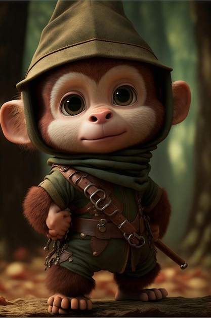 Close up of a monkey wearing a hat and holding a stick generative ai