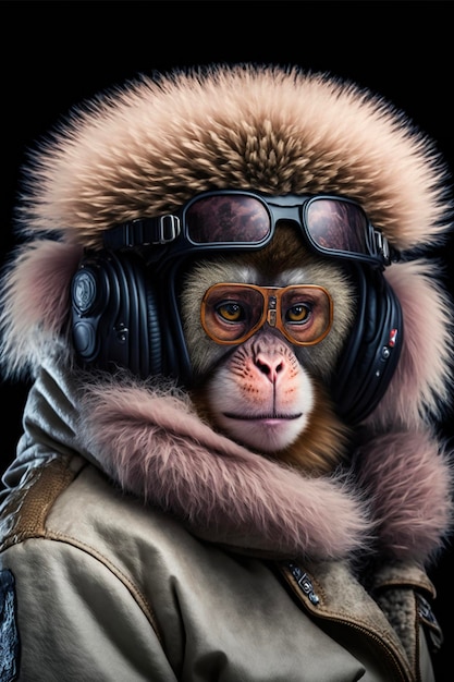 Close up of a monkey wearing headphones and a jacket