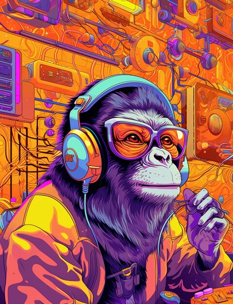 A close up of a monkey wearing headphones and a pair of glasses generative ai