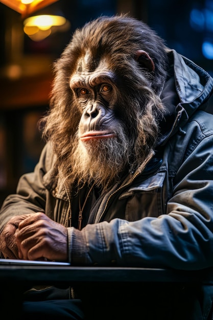 Close up of monkey wearing jacket and holding laptop Generative AI