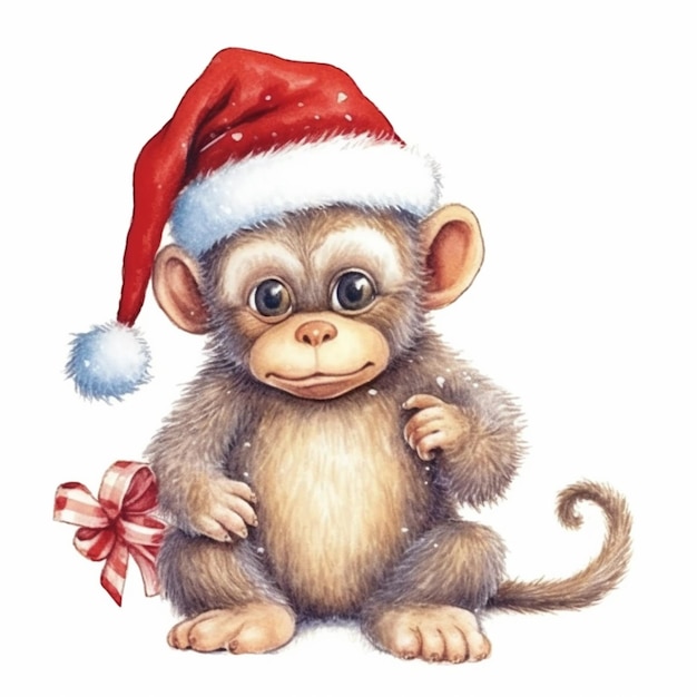 a close up of a monkey wearing a santa hat with a bow generative ai