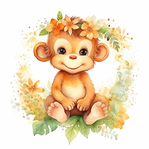 a close up of a monkey with flowers in its hair generative ai