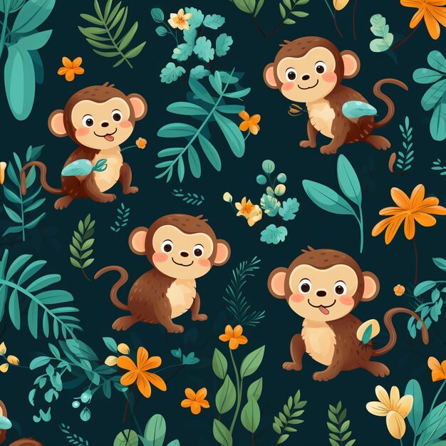 A close up of a monkey with flowers and leaves on a blue background generative ai