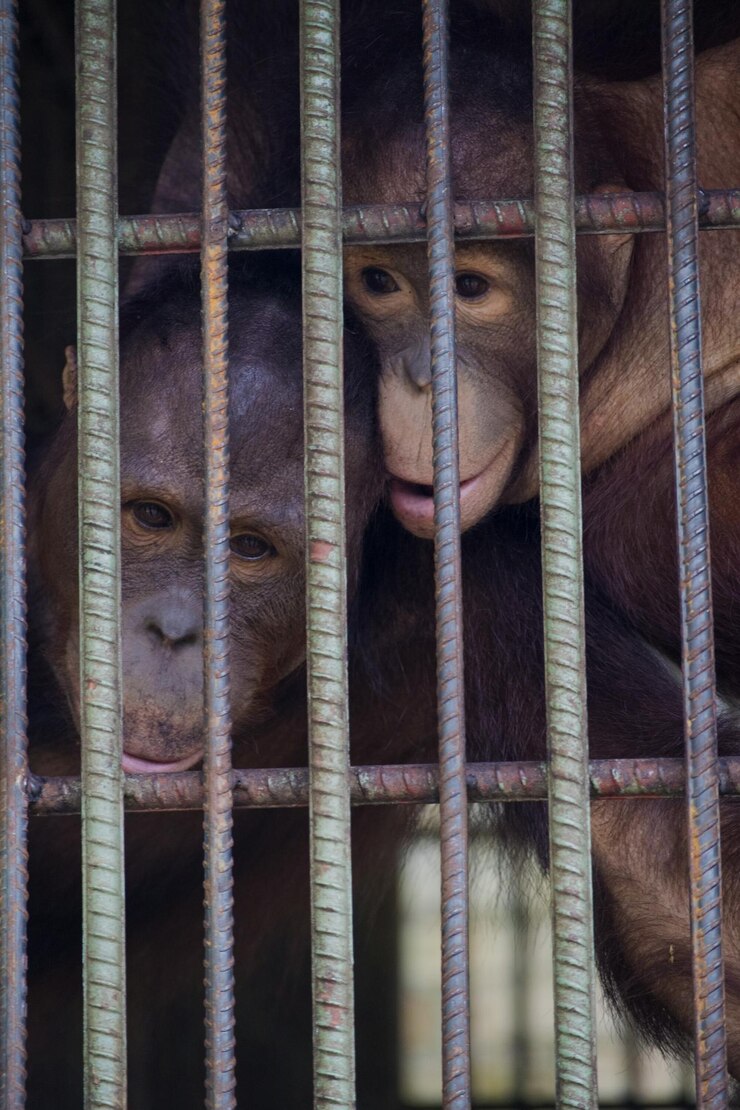 Photo close-up of monkeys in cage at zoo