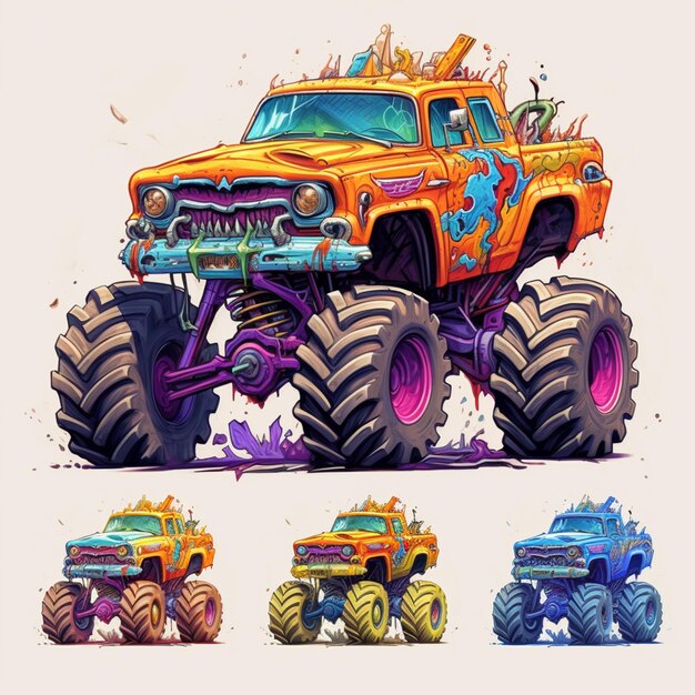 Photo a close up of a monster truck with four different colors generative ai