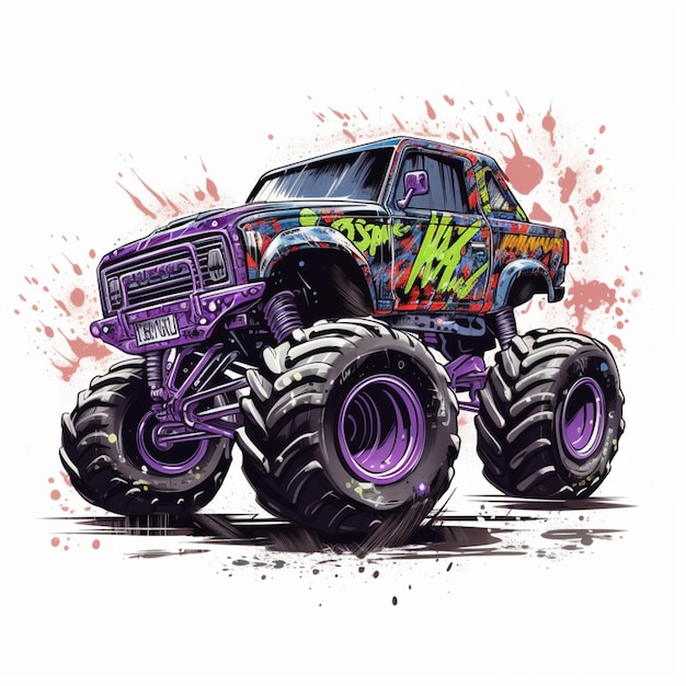 a close up of a monster truck with graffiti on it generative ai