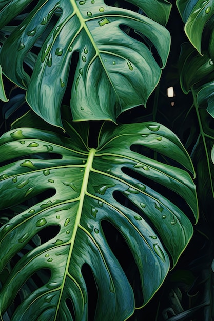 A close up of a monstera deliciosa plant leaf with water drops on it houseplants