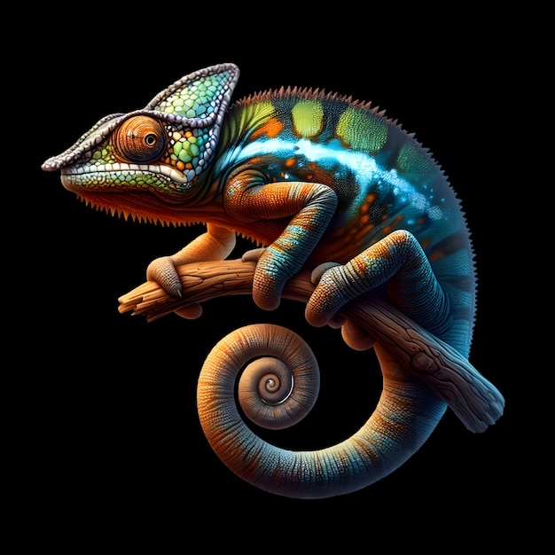 Close-up Mooie kleurrijke dieren hagedis Kameleon op tak afbeelding op zwarte achtergrond