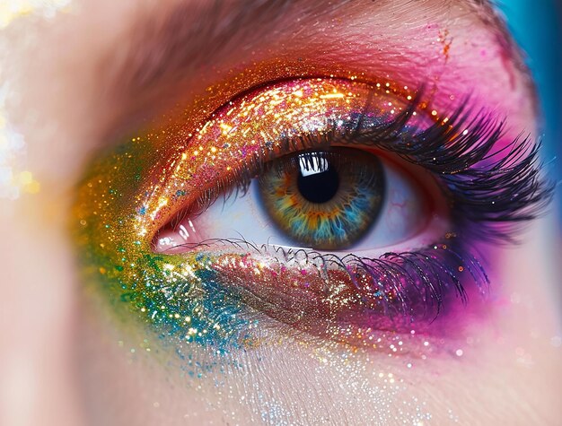 Foto close-up mooie macro vrouwelijke oog met kleurrijke holi make-up mooie mode met creatieve kunst m