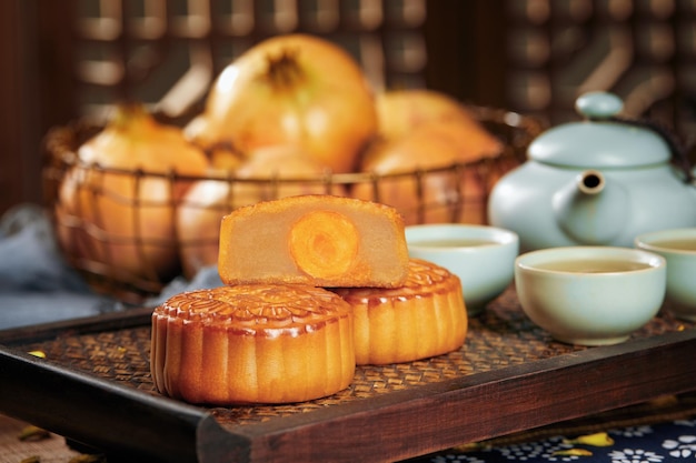 close-up of the moon cake on the table