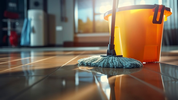 Close up of Mop and Bucket on Shiny Floor