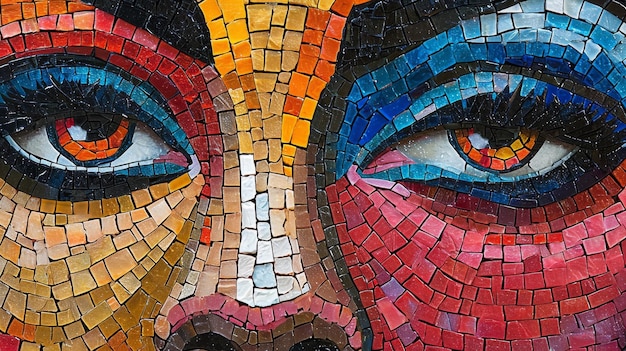 A close up of a mosaic face with colorful eyes and lips ai