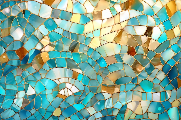A close up of a mosaic glass wall with a blue and yellow background generative ai