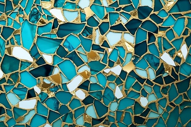 A close up of a mosaic glass wall with gold and blue generative ai