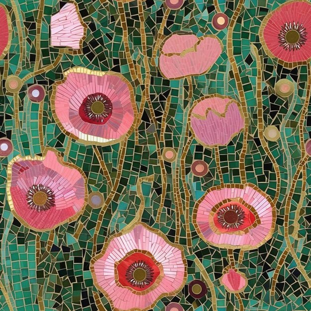 Крупный план мозаики с цветами и сердечками на ней, генеративный ИИ