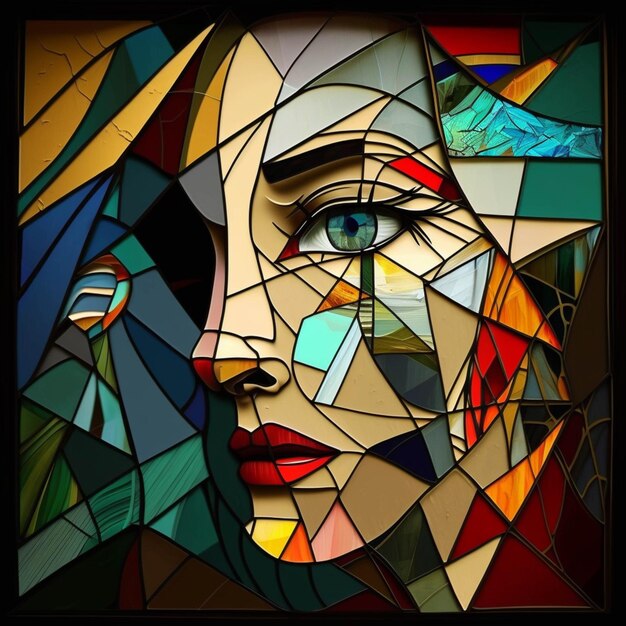 A close up of a mosaic of a womans face with a bird on her shoulder generative ai